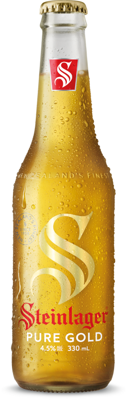 Steinlager Pure Gold beer bottle with condensation, 330 mL, 4.5% ABV, New Zealand’s Steinlager brand